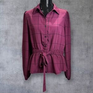 Sweet‎ Rain Purple Plaid Long Sleeve 3 Button Front Cinch Tie Waist Blouse